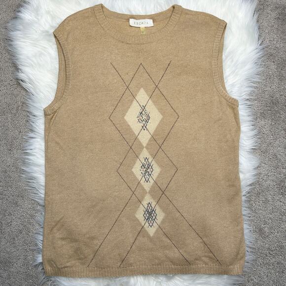 ESCADA Vintage Argyle Sweater Vest Womens Large Wool Cashmere Silk Academia Twee